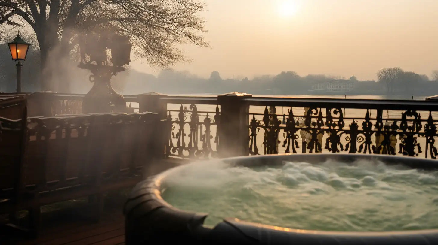 A steaming hot tub on the patio of a home overlooking a river