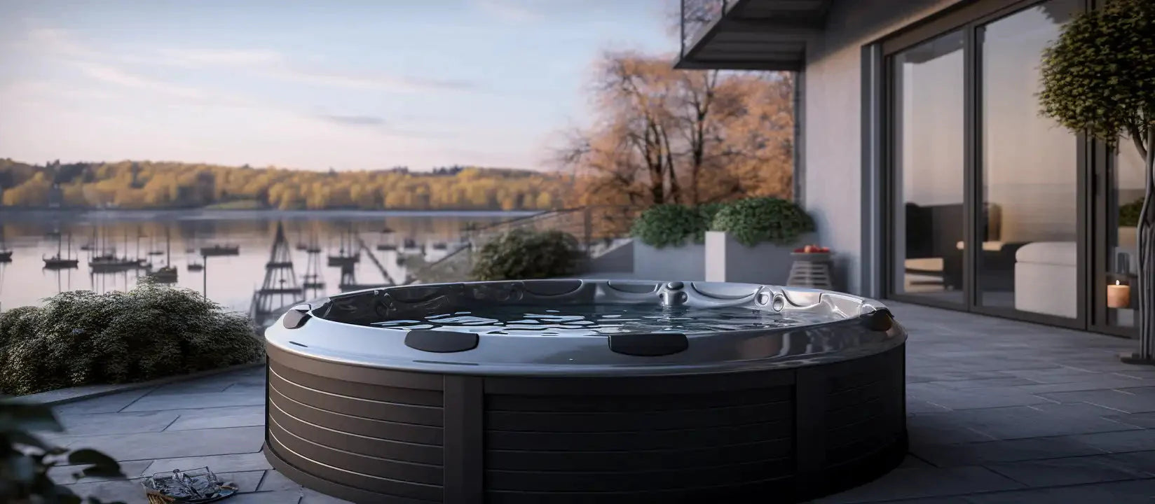M-Spa Hot tub on a patio overlooking a river with boats and a hilly horizon