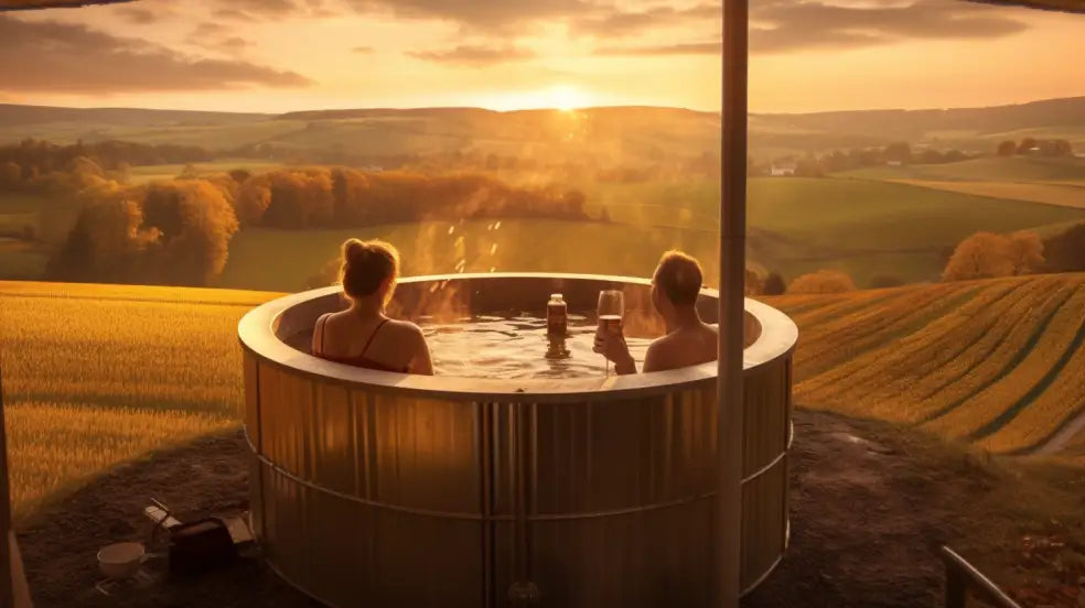 A couple enjoying a beautiful golden sunset on a peaceful mountain side retreat in a wooden hot tub