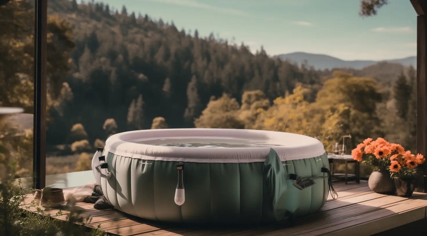 An Inflatable Hot Tub On a Wooden Deck Enhances The Ultimate Hot Tub Experience.