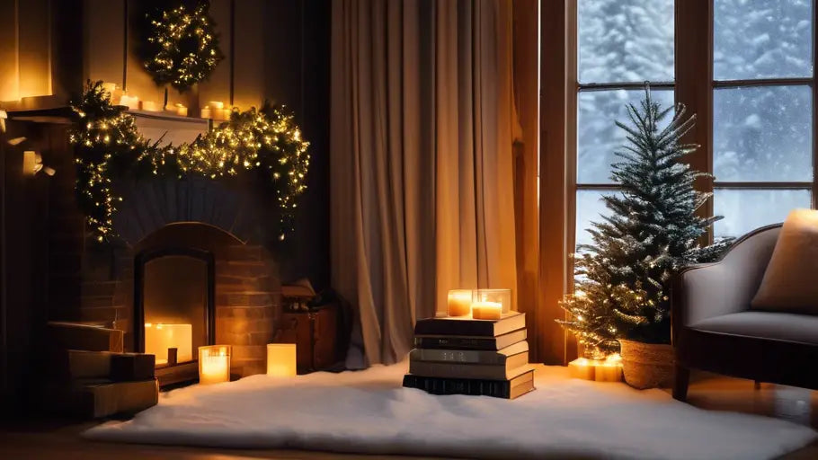 A Cozy Living Room With a Fireplace And Christmas Lights Showcasing Holiday Season Warmth.