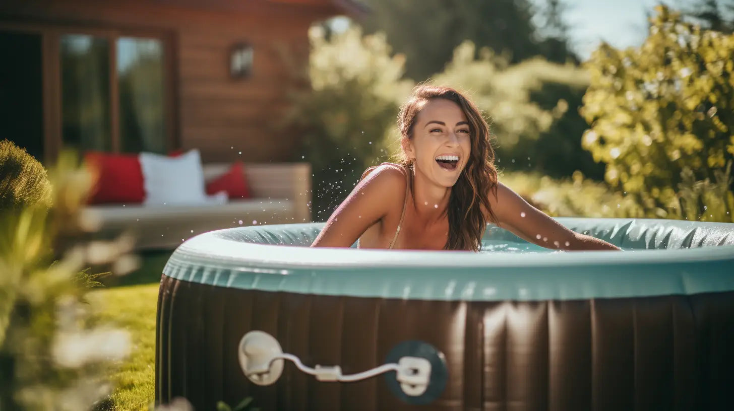 A Woman Smiling In a Pool, Enjoying The Benefits Of Cwtchy Covers For Hot Tub Insulation.