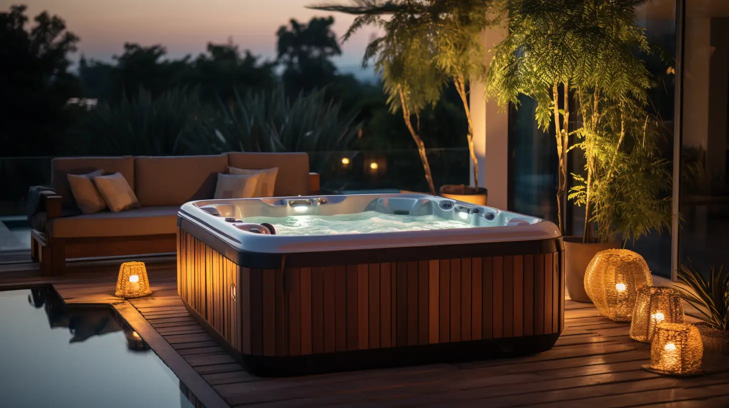 Inflatable Hot Tub On Deck With Cwtchy Covers, Surrounded By Candles For Seasonal Relaxation.