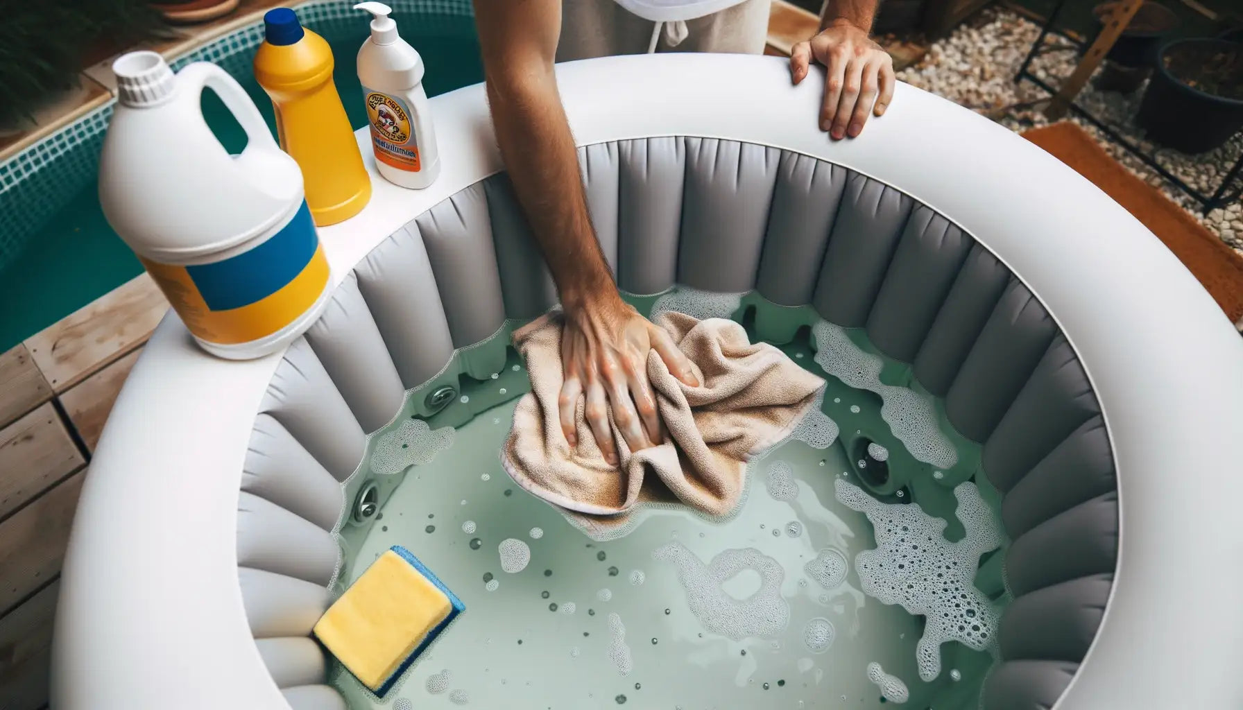 close up aerial view of a person cleaning an inflatable hot tub