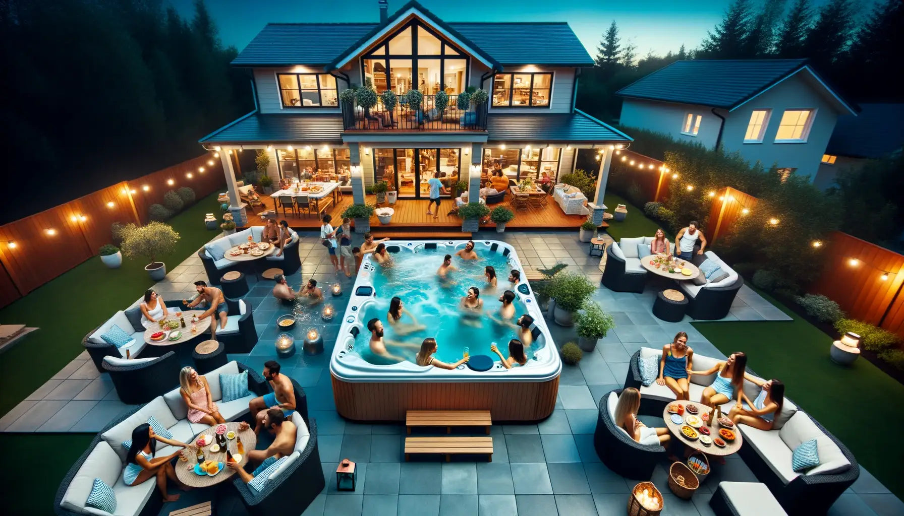 well-lit backyard during dusk with a spacious hot tub. Diverse groups of people are chatting and laughing while enjoying the warm water.