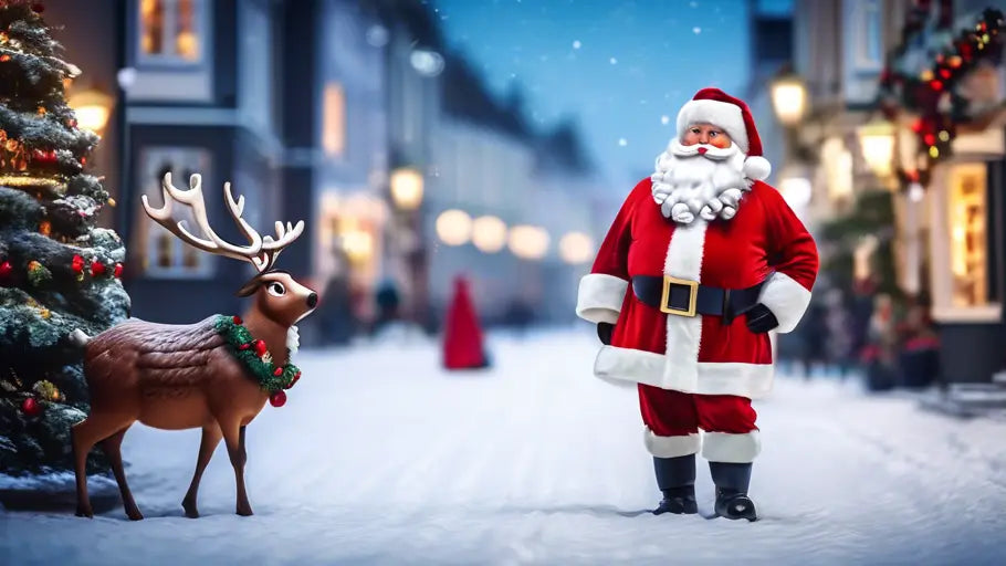 Santa Claus Walking With Reindeer During Festive Season - Exclusive Christmas Holiday Sales!