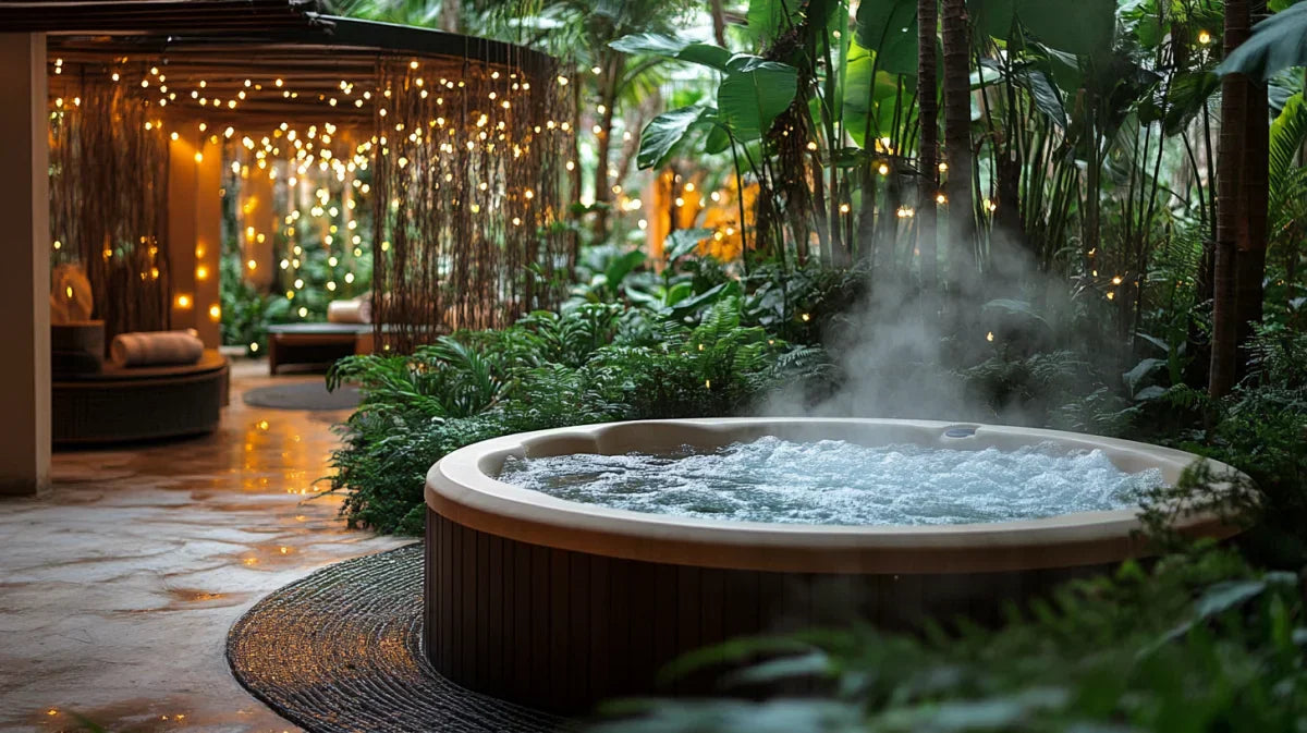 Steaming hot tub surrounded by greenery and lights for a blissful hot tub dip