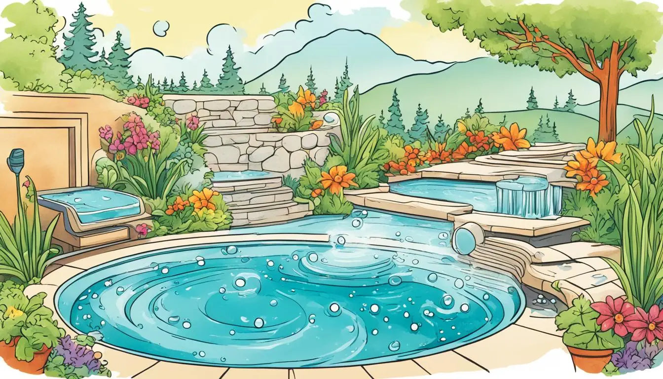 Cartoon Hot Tub In Garden With Flowers, Highlighting Gut Health Benefits.