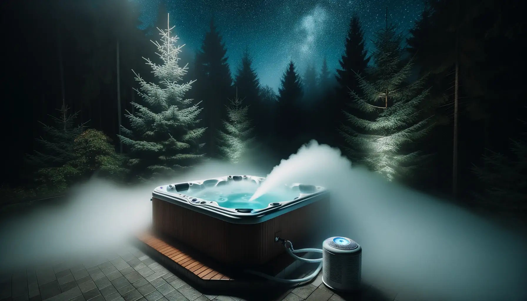 Hot Tub In a Forest At Night With Fog Machine Effects And Tiki Torches For a Spooky Ambiance.