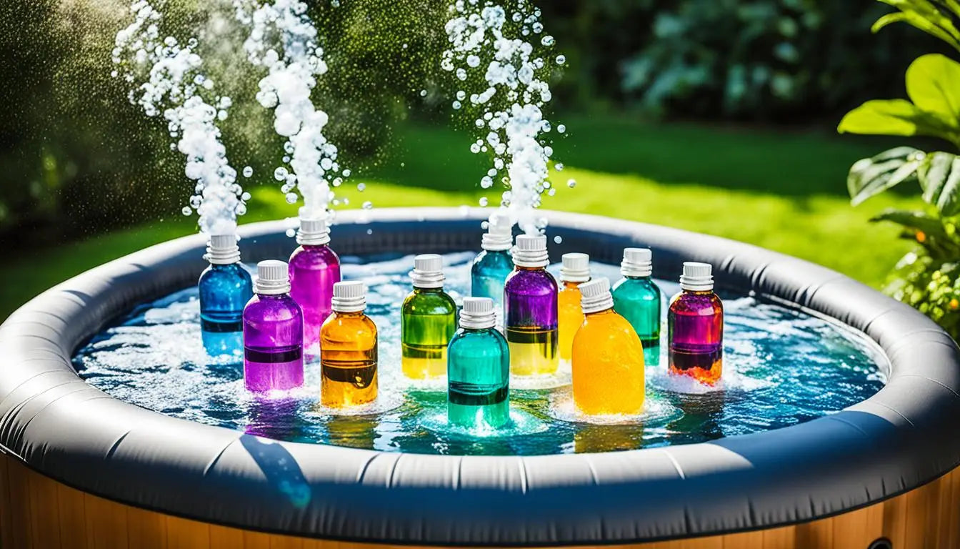 Hot Tub With Three Bottles Of Water Highlighting Safe Use Of Essential Oils And Bath Salts.