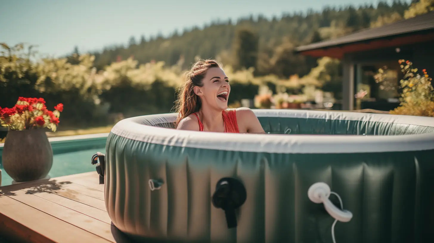 A Woman Relaxing In a Lay z Spa Hot Tub On a Wooden Deck For Cost Guide On Hot Tub Insulation.