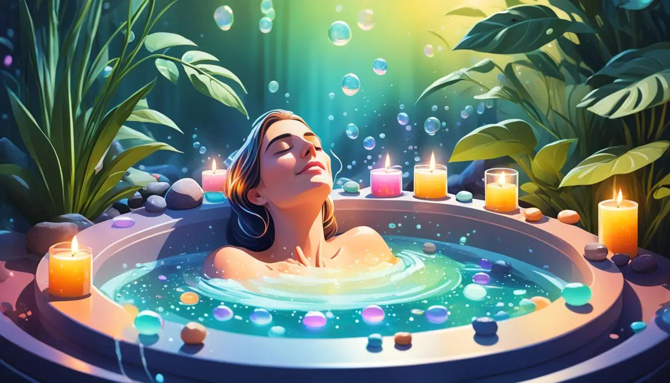 A Woman Enjoying Hot Tub Meditation With Candles For Ultimate Relaxation.