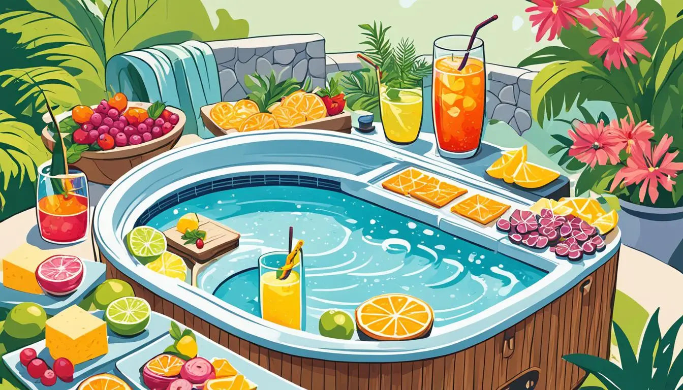 Hot Tub Party Snacks: Fruit And Drinks In The Hot Tub For a Perfect Spa Day Ambiance.