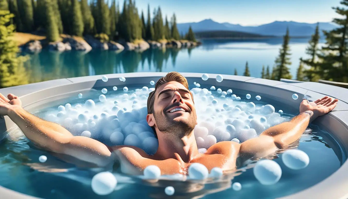 A Man Enjoying Hot Tub Relaxation With Bubbles For Ultimate Stress Relief.