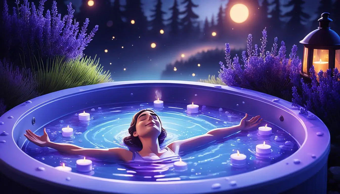 A Woman In a Hot Tub With Candles Enjoying Anxiety-reducing Hot Tub Sessions.