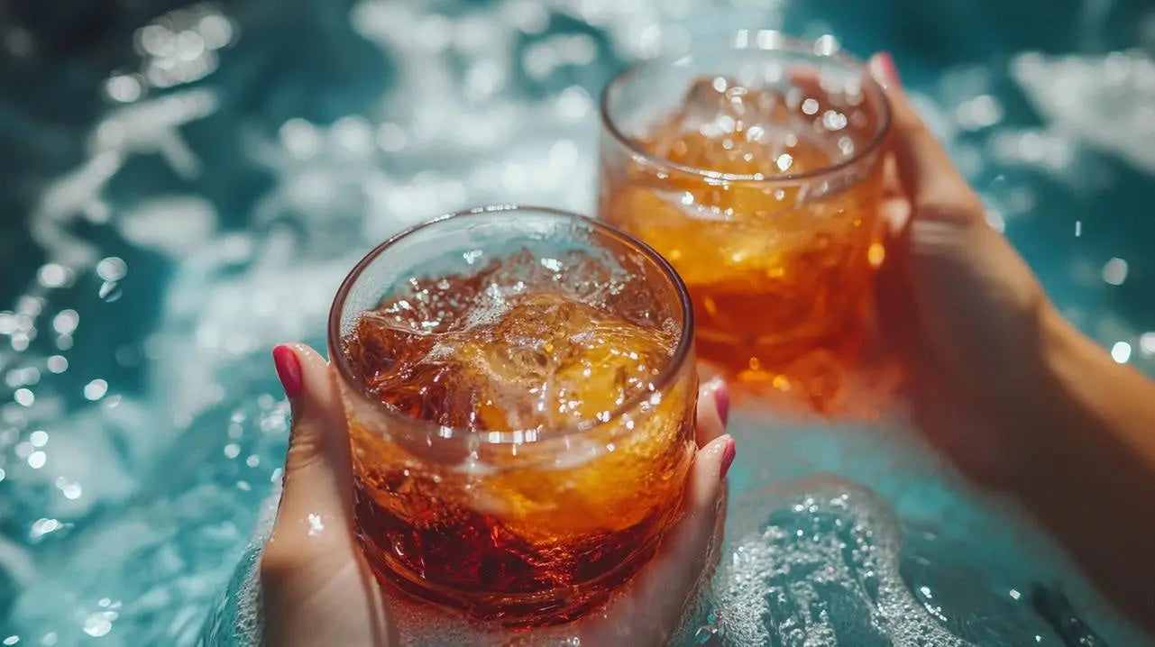 Two hands holding refreshing iced tea cocktails beside a well-insulated hot tub.