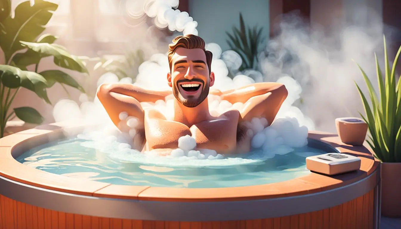 Man Relaxing In a Hot Tub With Steam, Promoting Healthy Hot Tub Sessions For Better Circulation.