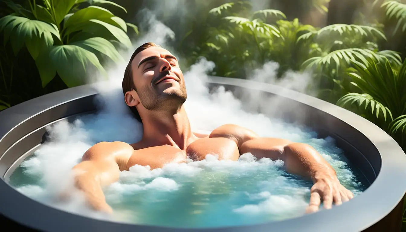 A Man Enjoying Hot Tub Therapy With Steam For Soothing Lower Back Pain Relief.