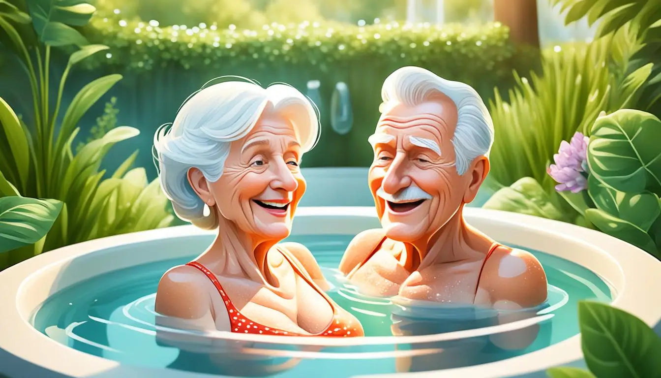 Elderly Couple Enjoying Hot Tub Therapy For Relaxation And Improved Mobility.