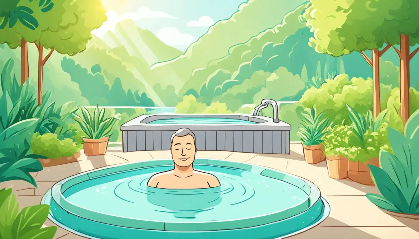 Cartoon Man In Hot Tub Illustrating Benefits Of Hot Tubs For Weight Loss.