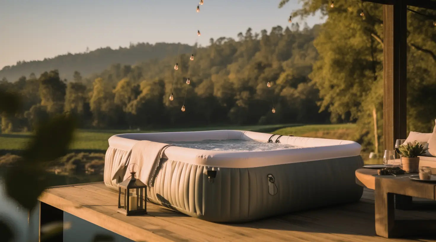 Inflatable Hot Tub On a Deck Overlooking a Lake, Offering Serene Relaxation And Energy Efficiency.