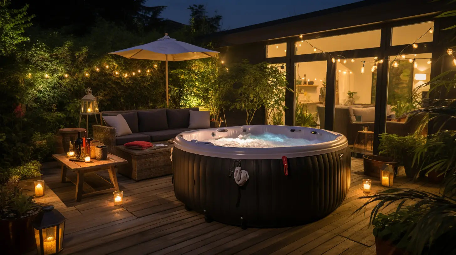 Inflatable Hot Tub On a Cozy Deck With Ambient Candles And Lights At Twilight.