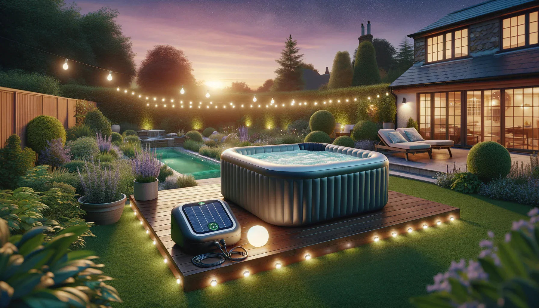 Backyard Inflatable Hot Tub At Night Highlighting Energy Efficiency Under Starry Sky.