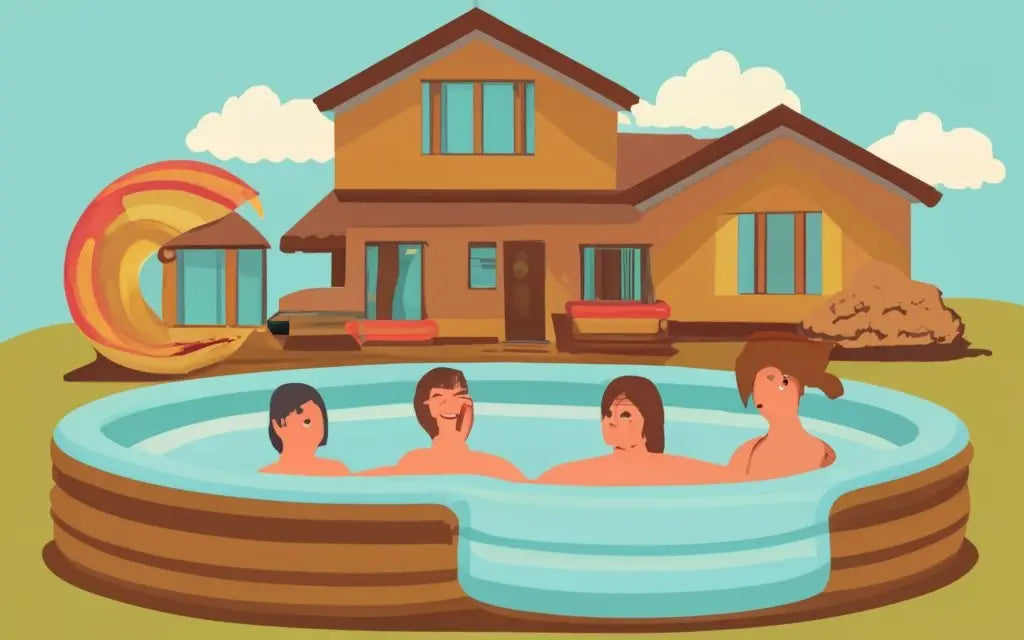 Cartoon Of People In a Pool With Inflatable Hot Tub And Hot Tub Insulation In Use.