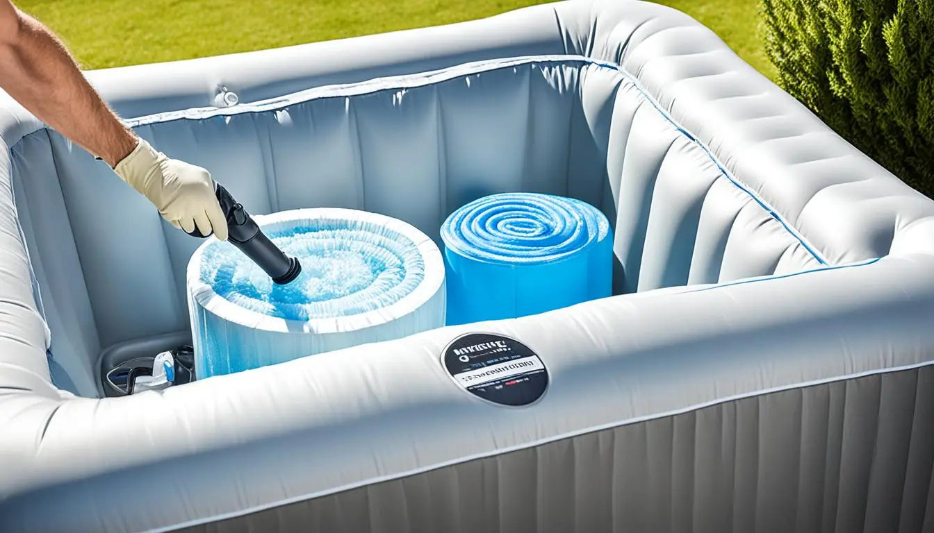 A Man Cleaning An Inflatable Hot Tub To Maintain Water Quality And Ensure Longevity.