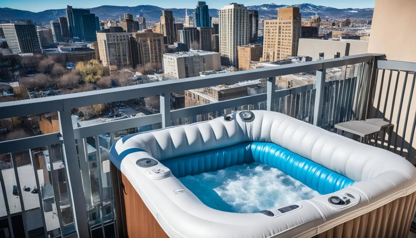 Rooftop Inflatable Hot Tub With City Skyline, Perfect For Maximizing Apartment Space.