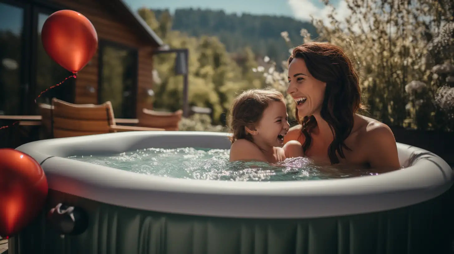 A Woman And a Child Relaxing In An Inflatable Hot Tub With Cwtchy Covers.