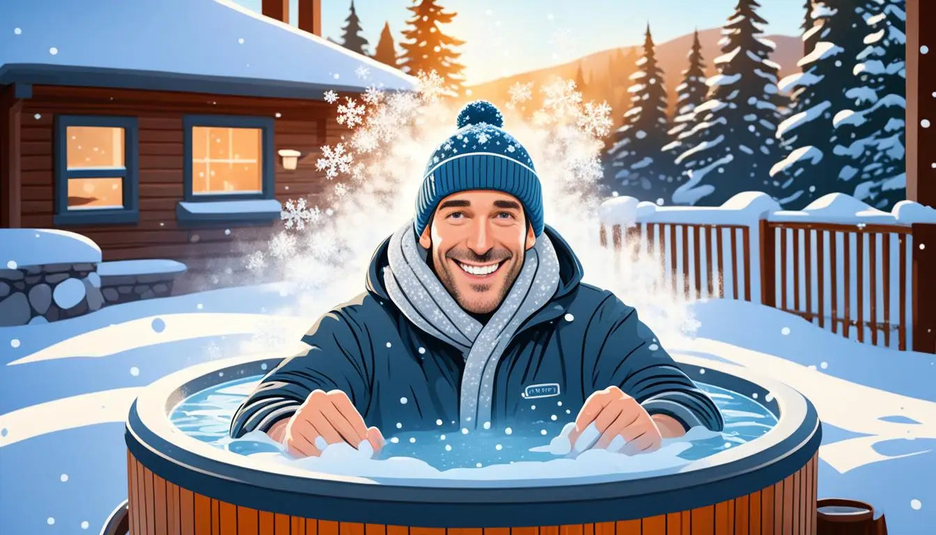 Man Relaxing In Warm Water Of Inflatable Hot Tub Surrounded By Snow, Benefiting Mental Health.