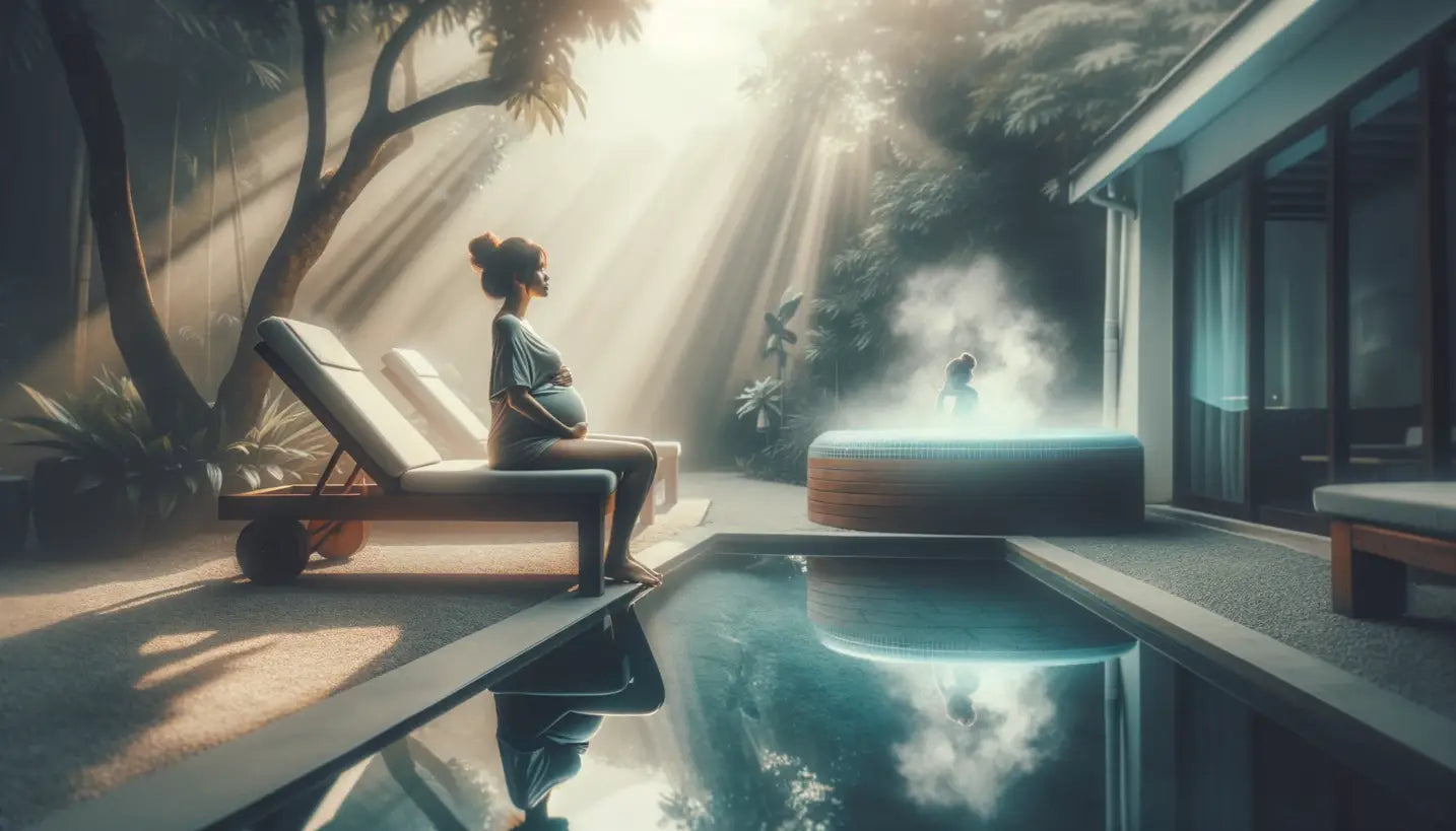 pregnant woman sitting on a chair,a hot tub beside her and pool in front of her