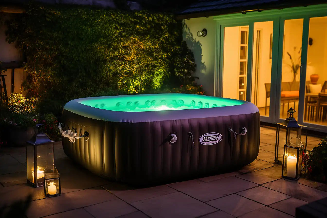 Lay-z Spa Hydrojet Hot Tub Lit Up At Night, Showcasing Top-notch Hot Tub Maintenance.