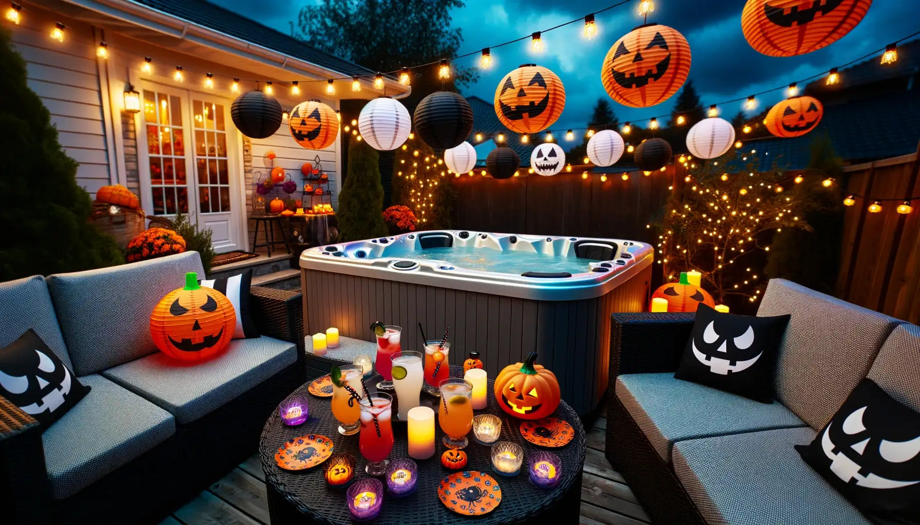a home backyard halloween set up with hot tub