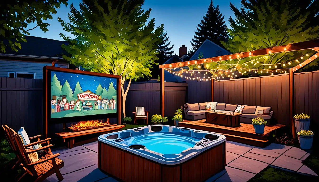 A Backyard Movie Screen Next To a Hot Tub For The Ultimate Outdoor Cinema Movie Night.