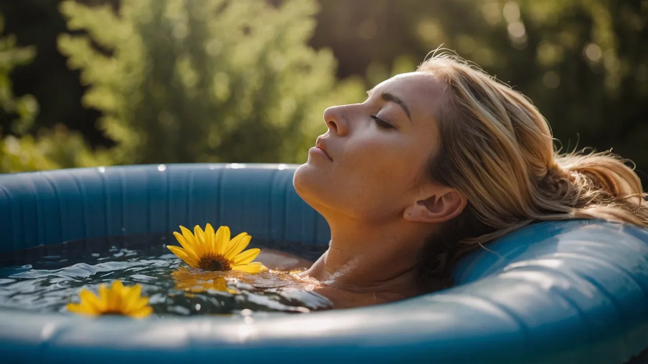 Pregnant Woman Relaxing In a Pool With a Flower, Emphasizing Hot Tub Safety And Water Temperature.