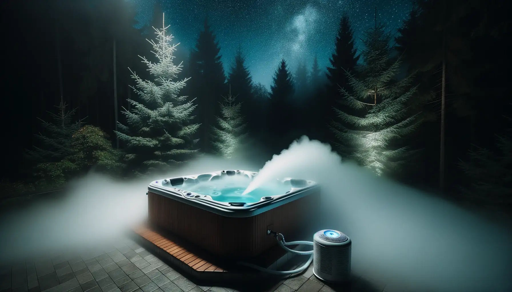 Photo of an outdoor hot tub at night, surrounded by trees and under a starry sky. The hot tub emits a thick layer of fog, creating a mysterious and spooky ambiance. A fog machine sits discreetly by the side, with its nozzle directed towards the water.