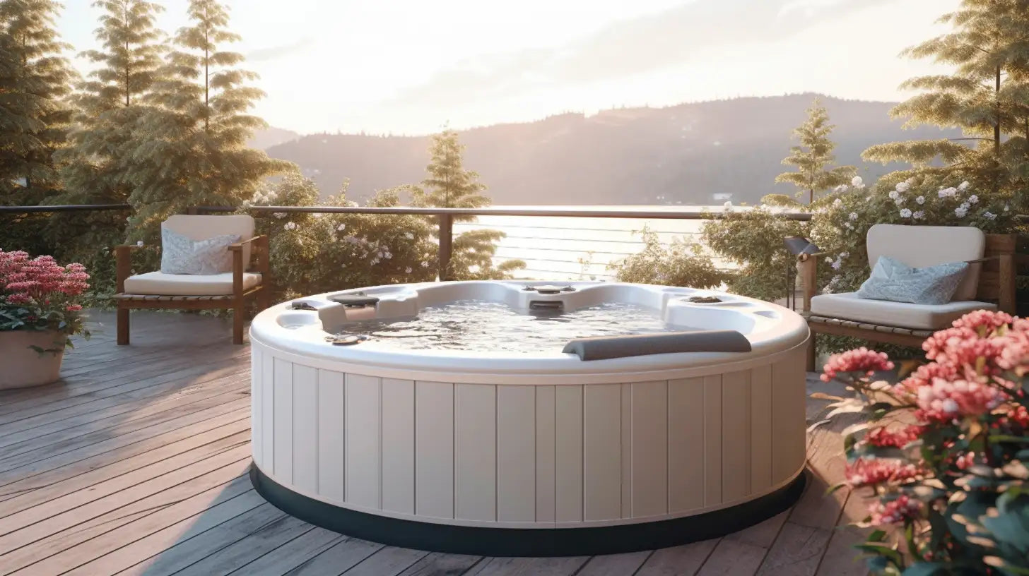 A white hot tub on a beautiful patio with a black hot tub pad installed