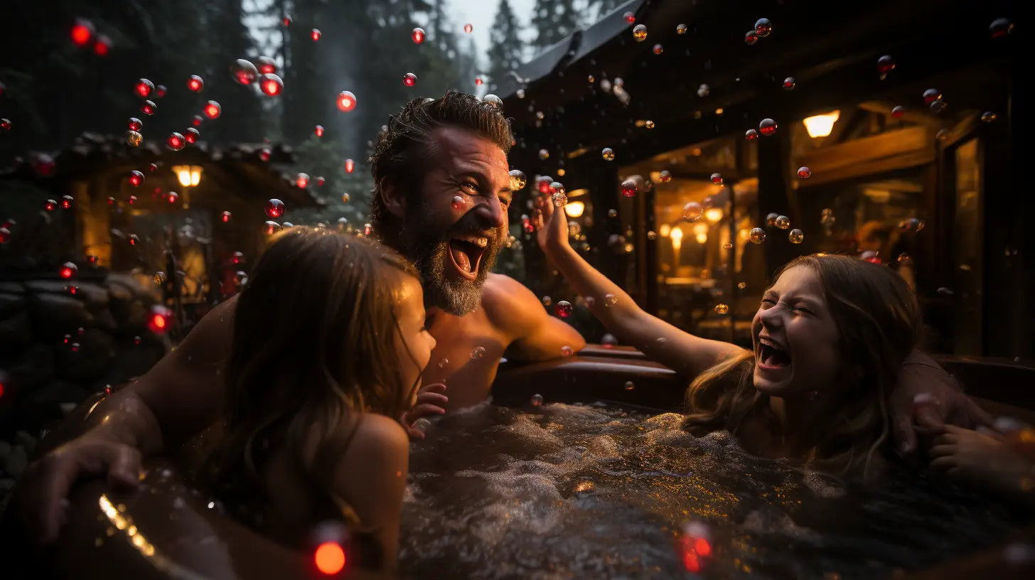 Family, man and daughters playing in a hot tub in a rustic rural vacation cabin in the woods