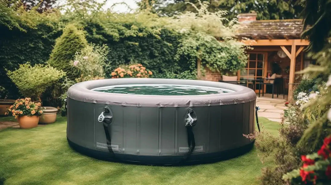 An uninsulated grey canadian spa hot tub in a UK garden with a large hedge and shed