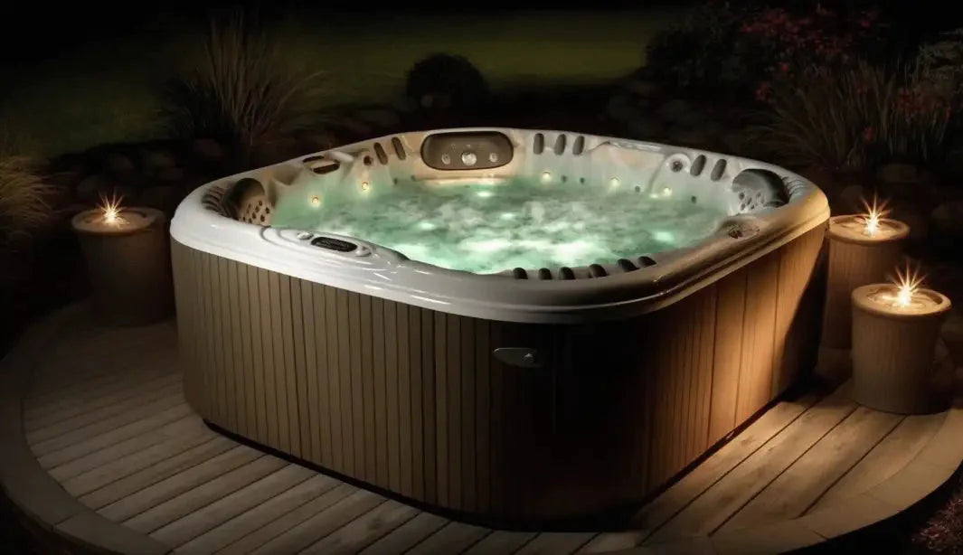 A night picture of a luxurious Intex PureSpa hot tub setup on a deck  with candles