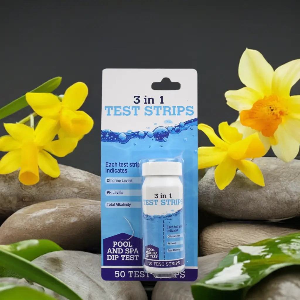 Bottle Of Water And Flowers Next To 3 In 1 Pool And Spa Dip Test Strips For Water Quality