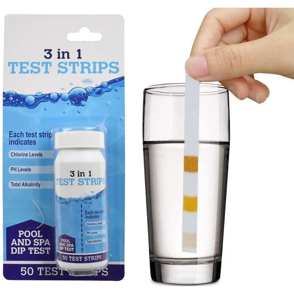 A Hand Holding a Glass Of Water Next To a Bottle Of 3 In 1 Pool And Spa Dip Test Strips 50 Pack