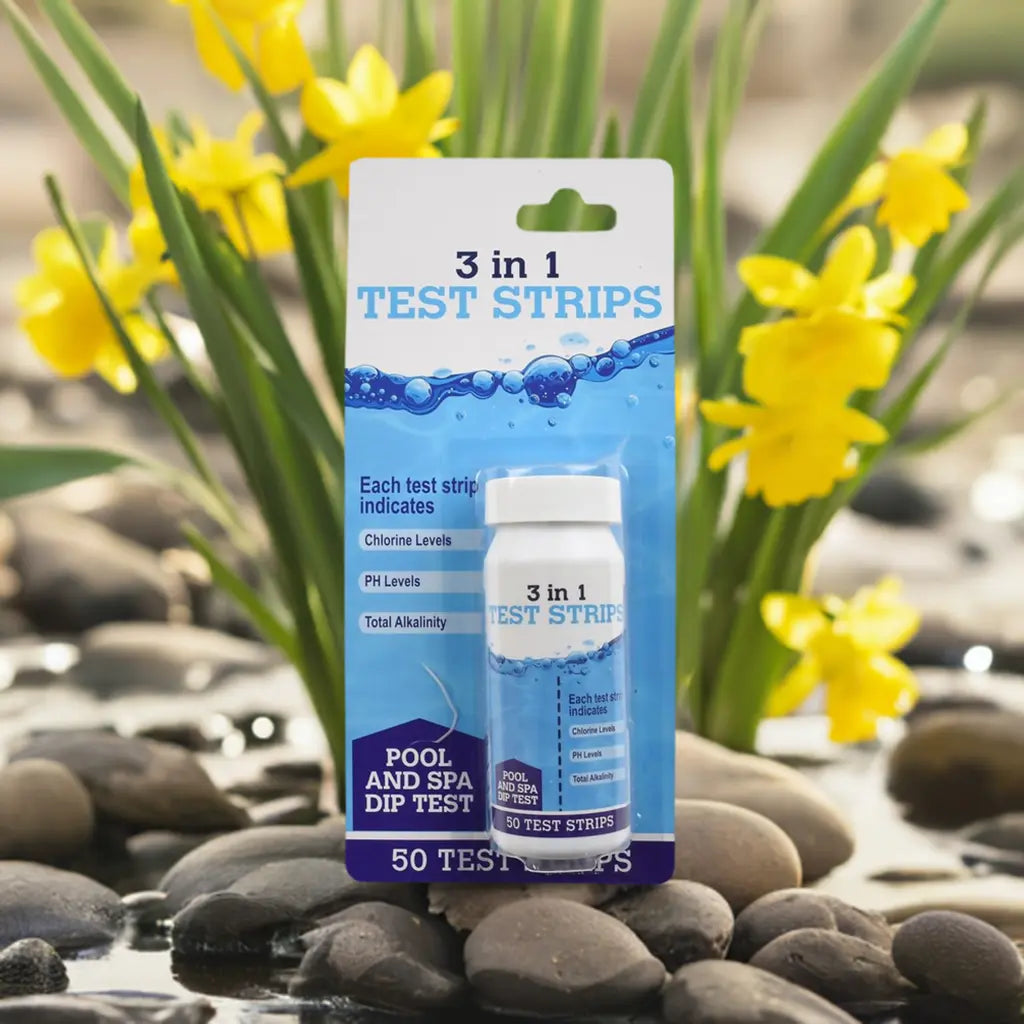 Bottle Of 3 In 1 Pool And Spa Dip Test Strips Next To Rocks For Hot Tub Water Quality