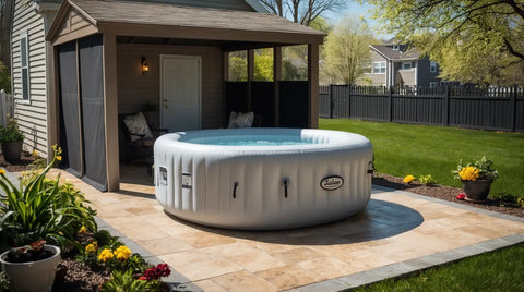 a pristine inflatable hot tub, on a tiled stone floor, in a home backyard