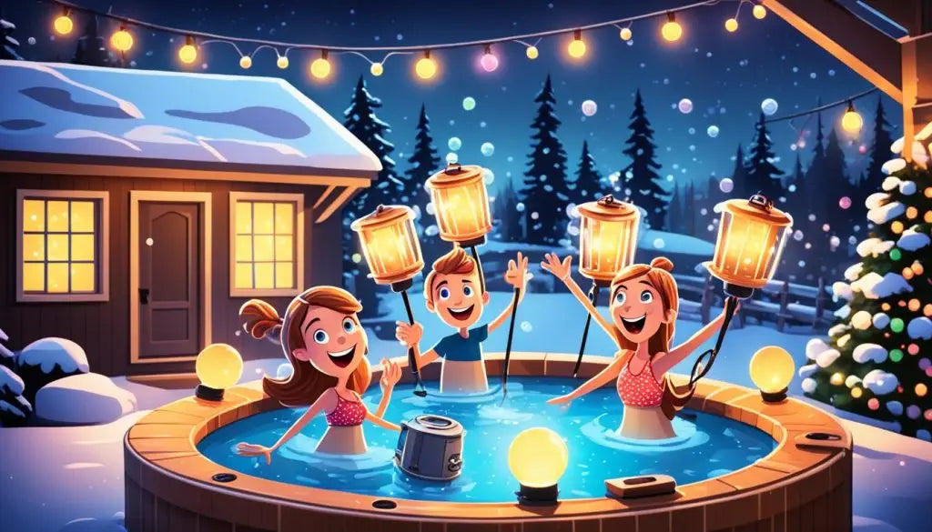 Festive hot tub lighting and decorations for a karaoke party