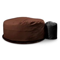 Cwtchy Covers Deluxe Leather Hot Tub Cover in Brown with Insulated Pump Cover in black beside.