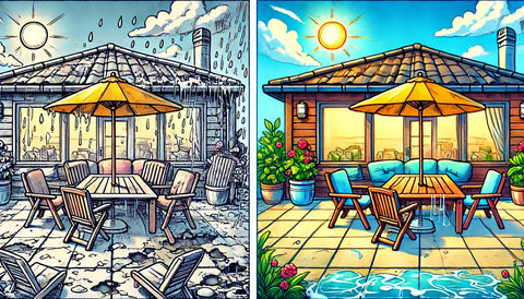 a side-by-side comparison of two patio scenes. One patio looks worn and weathered, while the other remains pristine and inviting, despite exposure to elements like water droplets and bright sunlight.