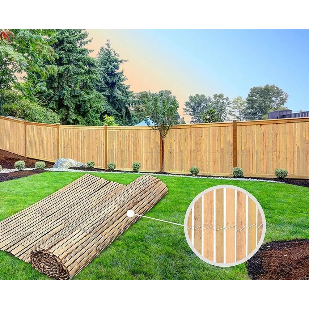 Backyard With Fence And Wooden Deck, Featuring Bamboo Slatted Fence For Hot Tub Privacy Solution